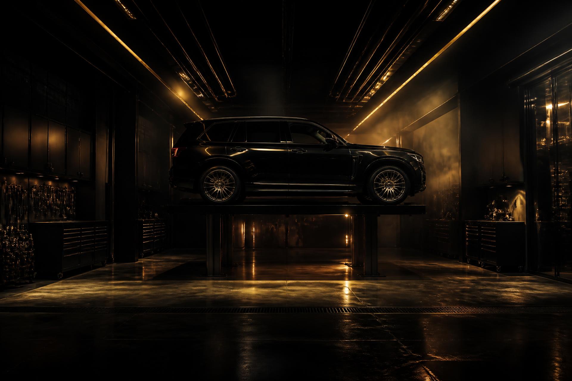 Blacked-out SUV on a lift in a dark service bay lit with warm gold accent lighting